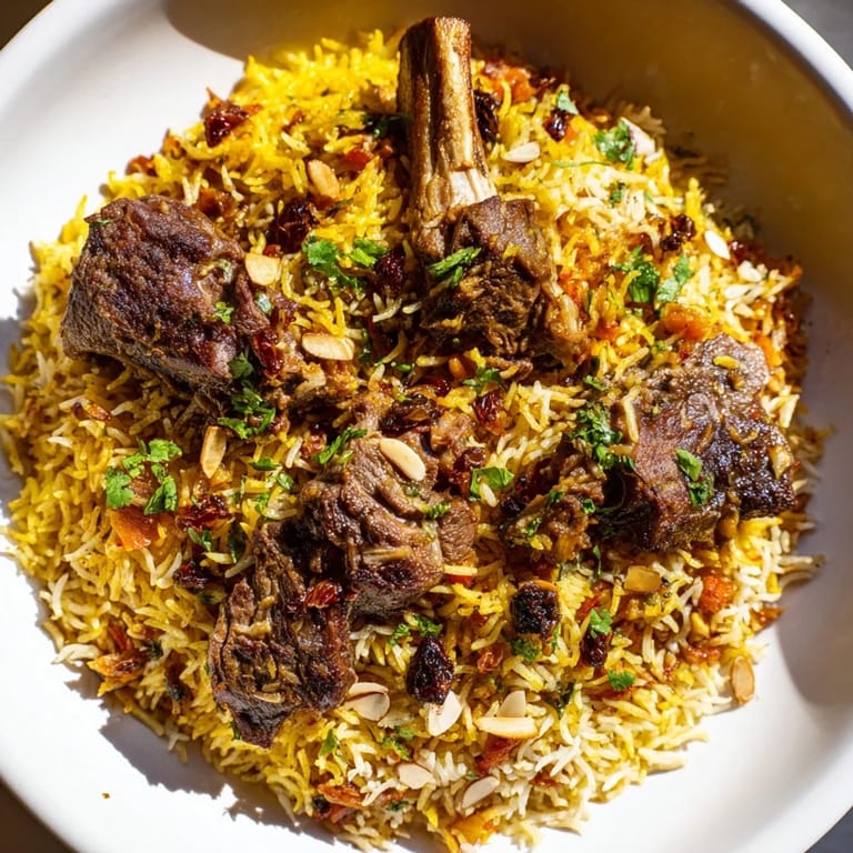 A steaming platter of Qatari Majboos shows flavorful lamb and rice with toasted almonds, a Middle Eastern delight.