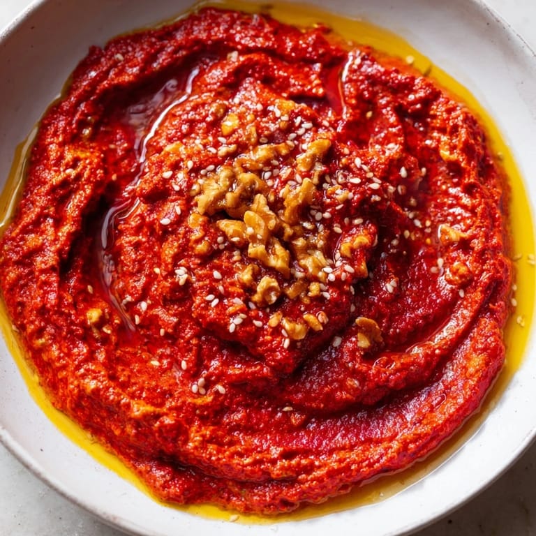 Freshly made Syrian Muhammara, a Middle Eastern red pepper and walnut dip, inviting you to taste its smoky flavor.
