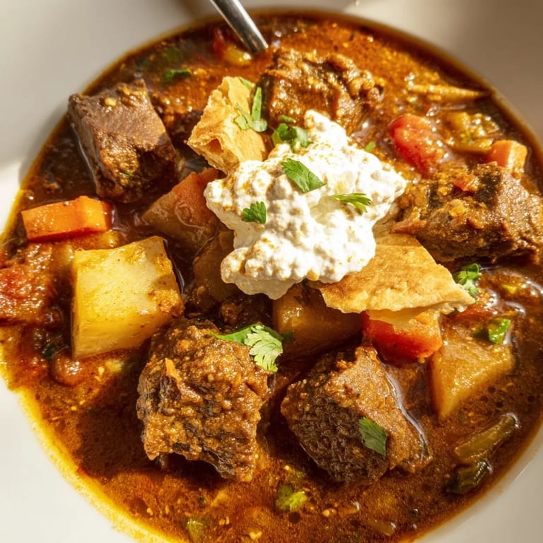 Savory Yemeni Saltah glistening atop bread, topped with airy fenugreek, a classic comfort food.