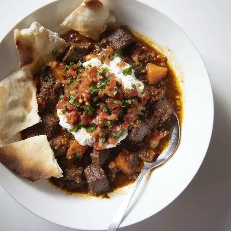 Rich aromas rise from a serving of steaming Yemeni Saltah stew with fluffy fenugreek topping.