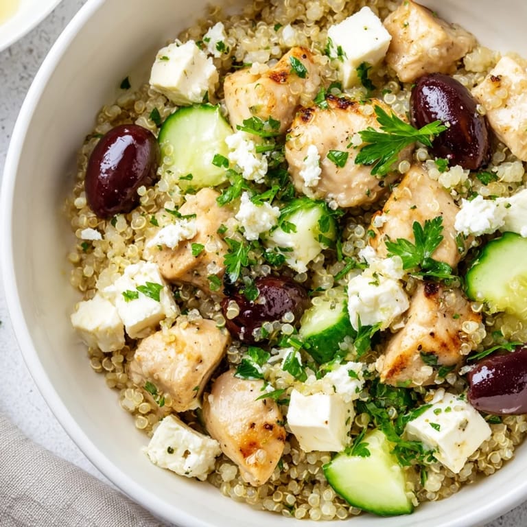 Frisch angerichtete Mediterranean Chicken Bowl mit oliven, Käse und einem zitronigen Oregano-Dressing.
