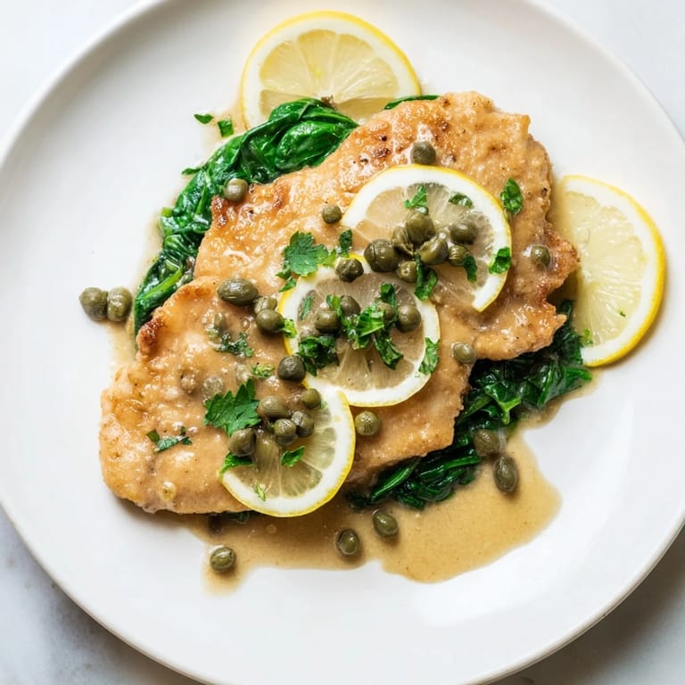 Saftige Spinach Lemon Butter Chicken Schnitzel in cremiger Sauce mit frischen Spinatblättern serviert.