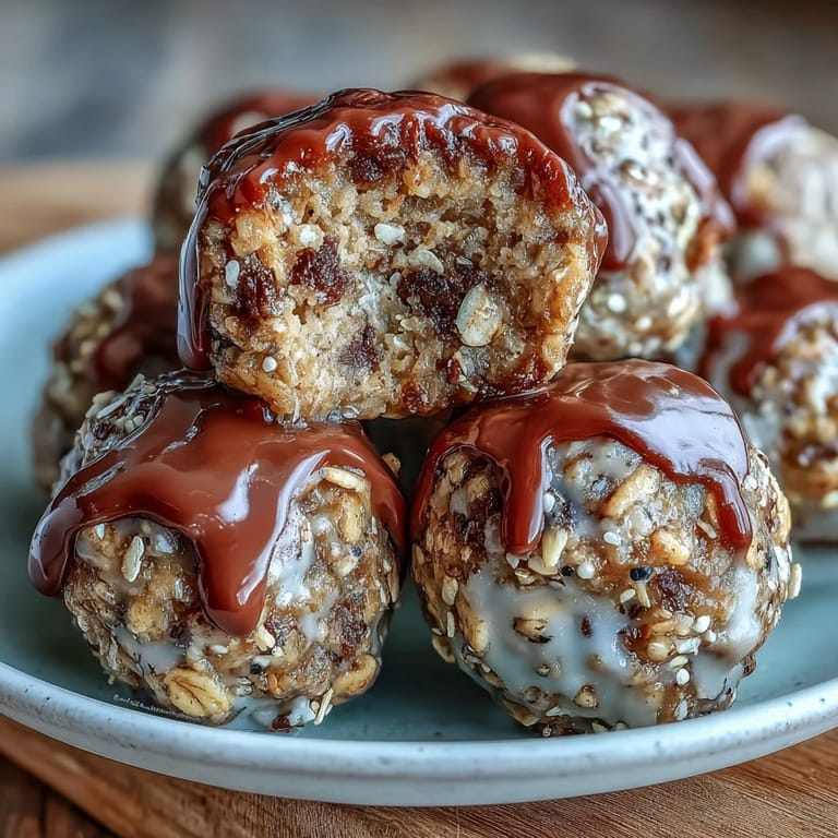 Banana Chocolate Chip Energy Balls liegen auf einer hölzernen Oberfläche, umgeben von Bananenblättern und einer Schale Haferflocken für frische Vorbereitung.