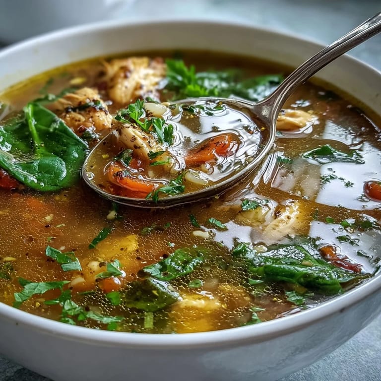 Tröstliche Perlgraupen-Suppe mit saftigem Hähnchen und cremigem Spinat, würzig mit Kurkuma und frisch mit Zitronensaft verfeinert.