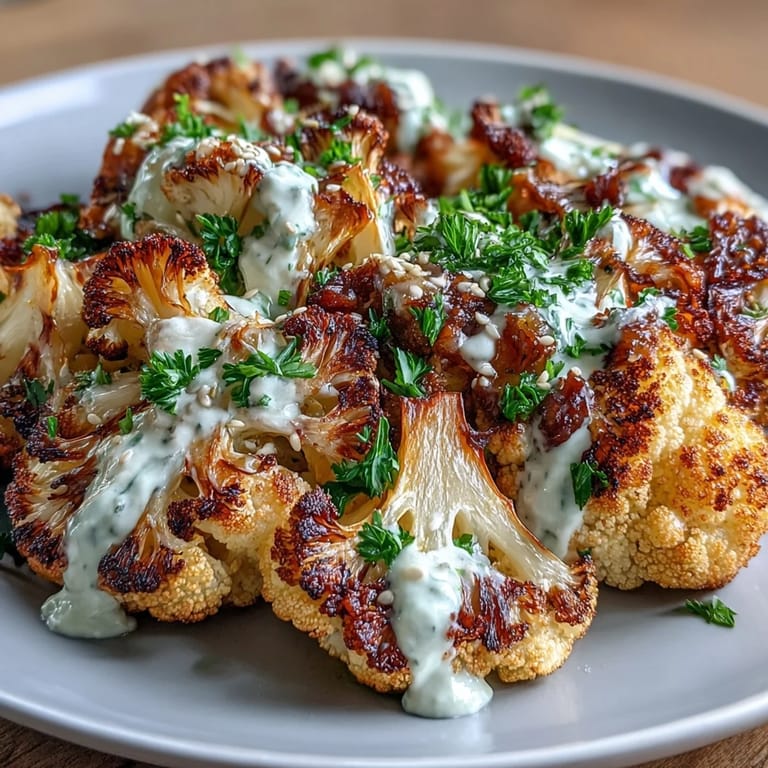 Würzig gerösteter Blumenkohl neben frischer Zitronen-Linsensalat und glatter Tahini-Yoghurt-Sauce, garniert mit Sesam und Kräutern.