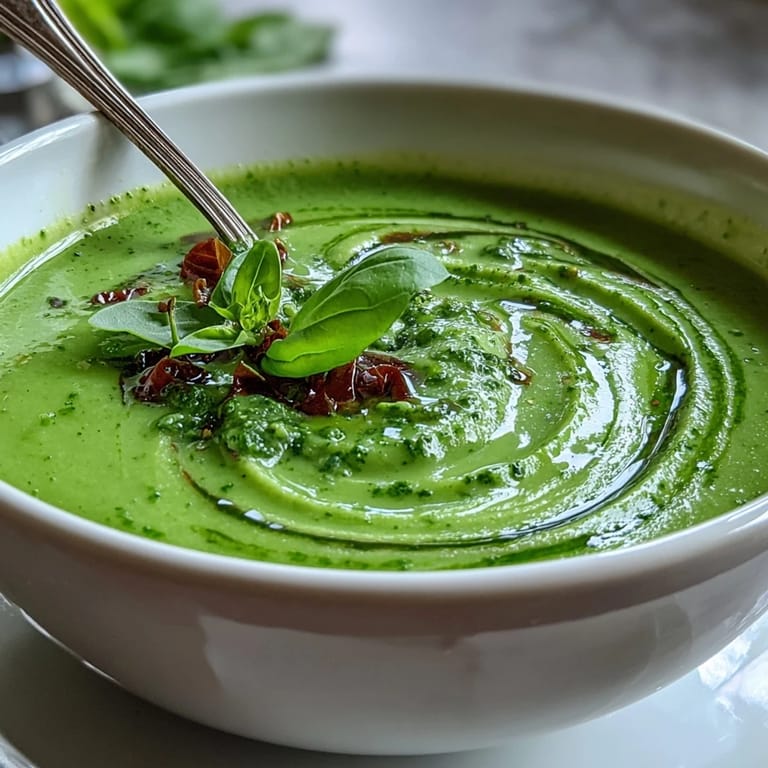 Frühlingshafte Courgette-, Erbsen- und Pesto-Suppe mit aromatischem Pesto-Wirbel und knackigem Brot.