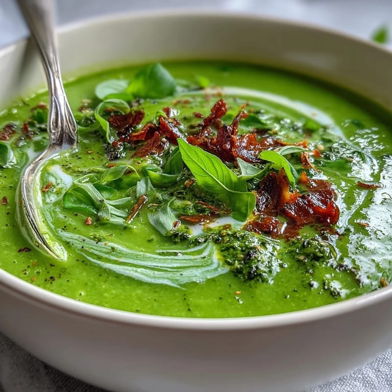 Sättigende Courgette-, Erbsen- und Pesto-Suppe cremig püriert, verfeinert mit griechischem Joghurt und Basilikum.