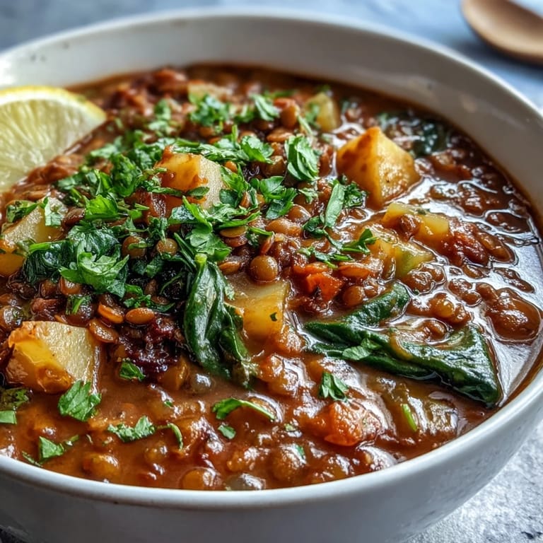 Gewürzte Vegetarian Lentil Stew serviert in einer rustikalen Schüssel mit Petersilie