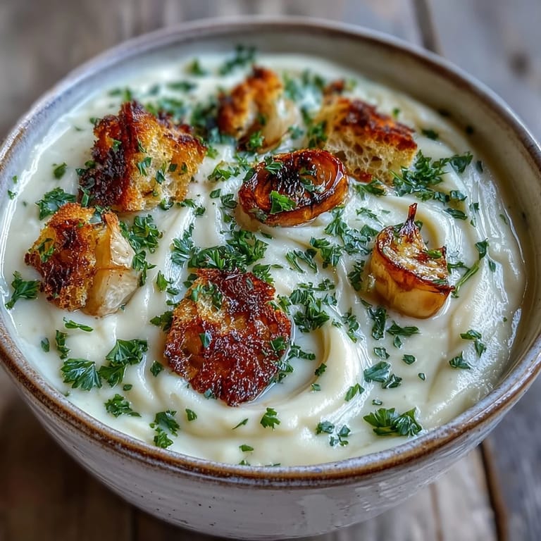 A bowl of velvety Roasted Garlic Soup beside crusty toasted bread.