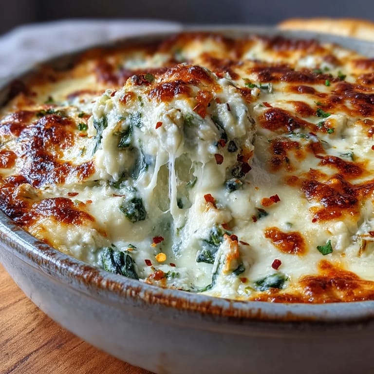 Frisch gebackener Spinat Artichoke Dip, glänzend und blasig, mit frischem Spinat und Artischockenherzen.