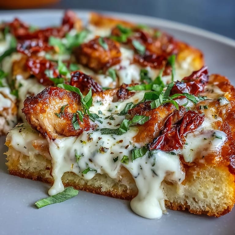 Eine rustikale Marry Me Chicken Pizza liegt auf einem Holztisch mit einem Glas Pinot Grigio und Basilikum.