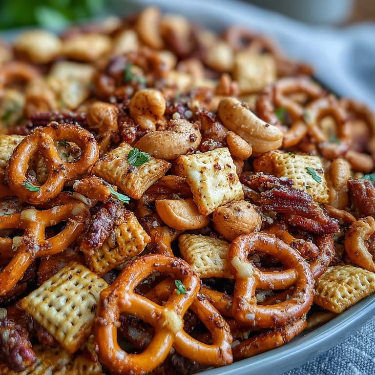 Cheesy pretzels, cashews, and rye chips in Everything Ranch Cheese and Pretzel Snack Mix.