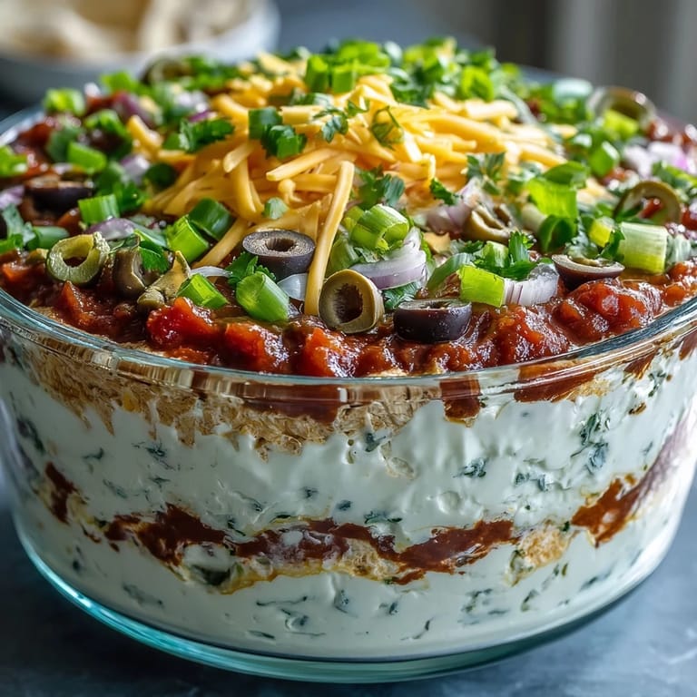 Close-up of 4-Way Layered Dip showing crunchy olives, green peppers, and fresh cilantro topping, ready for party snacking.