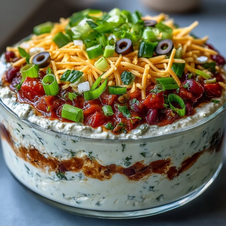 Vibrant vegetarian 4-Way Layered Dip in glass dish with layers of beans, cream cheese, and fresh salsa, paired with chips.