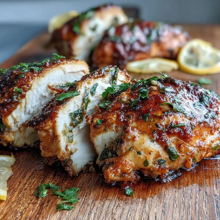 Geröstete Oven Baked Chicken Breast auf einem rustikalen Holzbrett mit Zitronenscheiben bereit zum Servieren.
