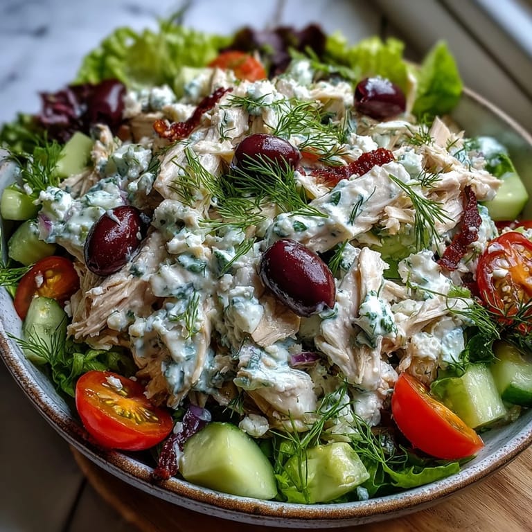 A refreshing Tzatziki Chicken Salad served over crisp spinach with juicy cherry tomatoes and diced avocado.