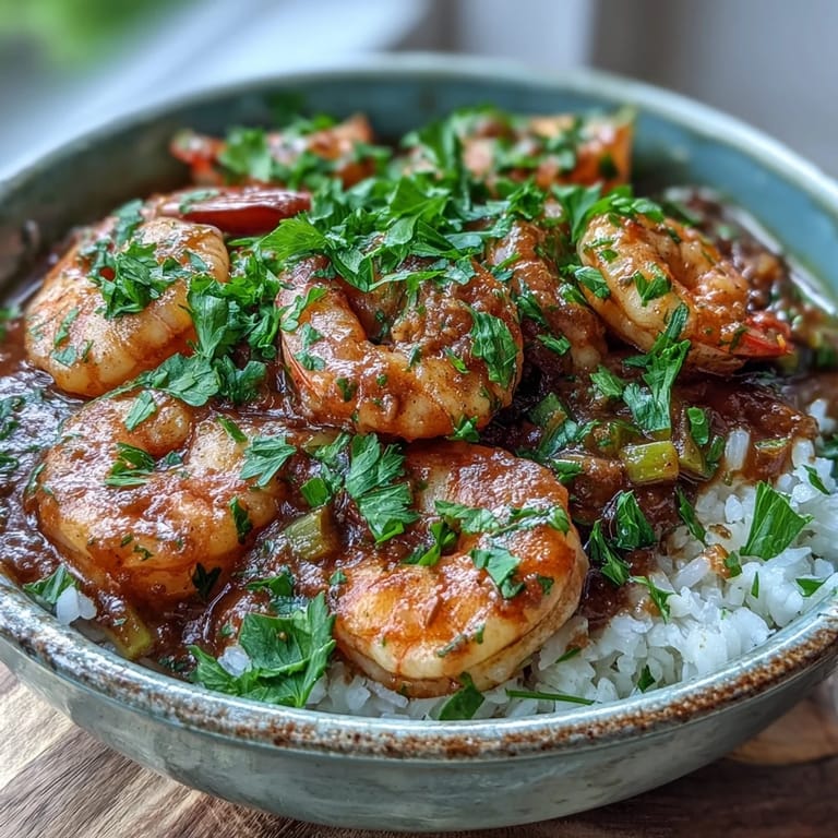 Herzhaftes Klassisches New Orleans Étouffée serviert über fluffigem Reis mit einer Scheibe knusprigem Brot daneben.