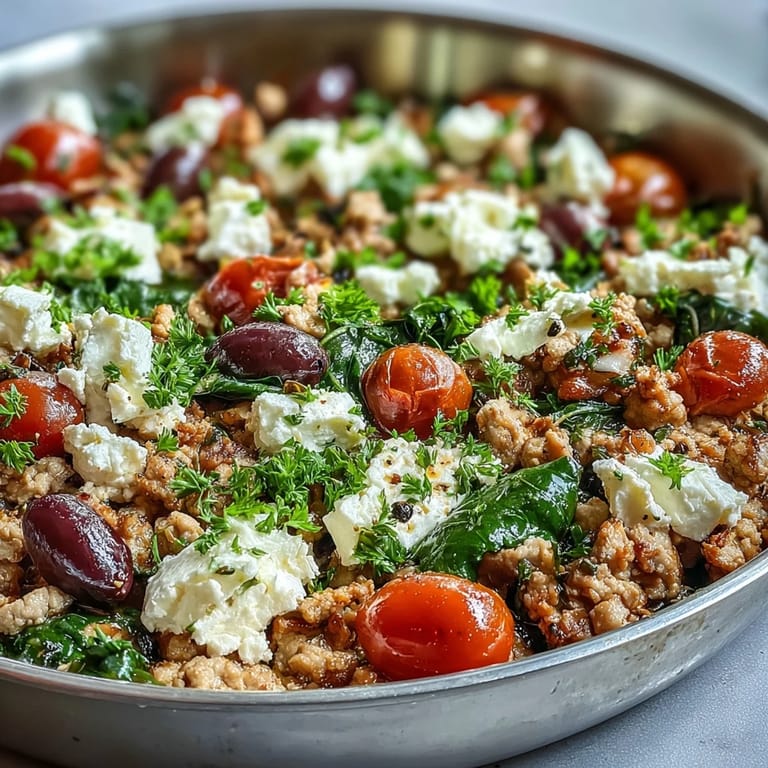 Sizzling Mediterranean Keto Ground Chicken Skillet with Olives and Feta features juicy tomatoes, Kalamata olives, and wilted greens.