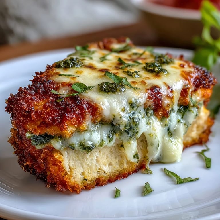 Bubbling mozzarella and Parmesan cheese melted over saucy Pesto Chicken Parmesan, fresh from the oven.