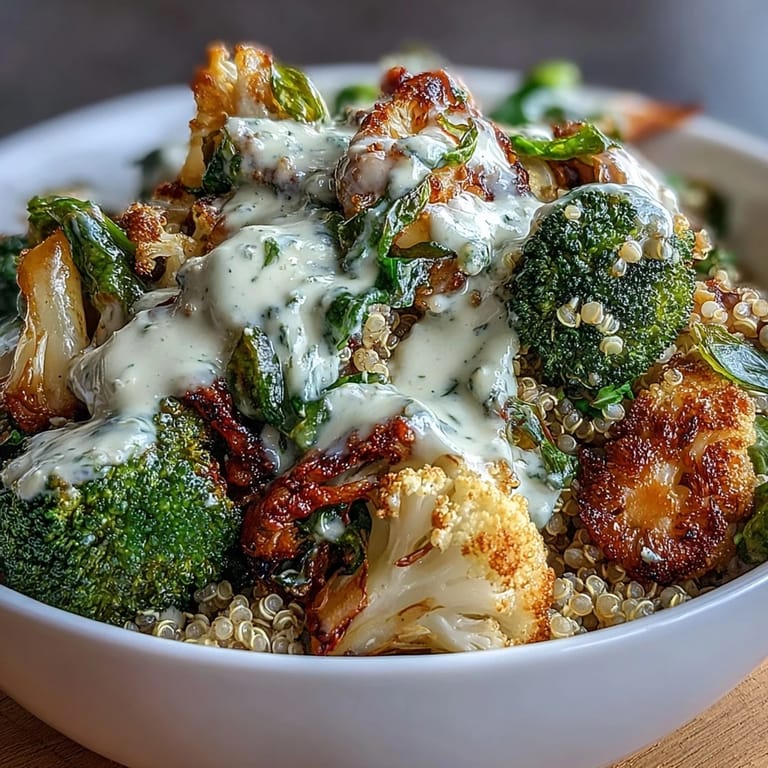Leckere Roasted Brassica Bowl mit goldenen Ofengemüsen, Körnern und cremiger Zitronen-Tahini-Soße, perfekt für Abendessen