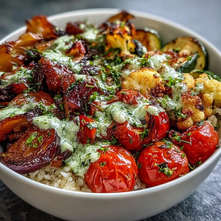 Saftig geröstete Vielfalt der Rainbow Roasted Vegetable Bowl, serviert für das Abendessen.