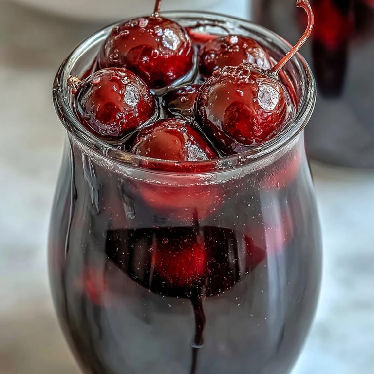 A jar of Black Currant Rum Liqueur steeping with rum, sugar, and vanilla bean on a rustic counter.  