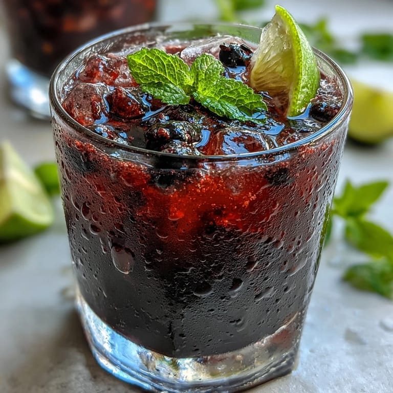 Der schwarze Johannisbeer Mojito präsentiert sich in einem Glas mit Eiswürfeln, Minzzweig und roten Beeren für leuchtende Farben.