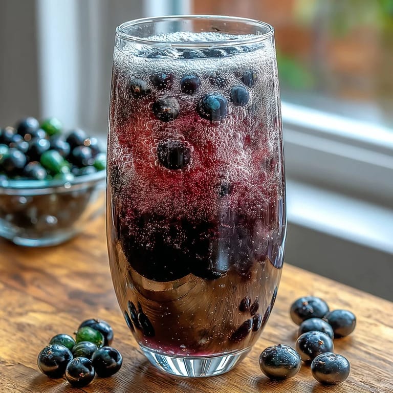 Dunkles Fläschchen Crème de Cassis auf Holzplatte, flankiert von frischen schwarzen Johannisbeeren und Vanilleschote.