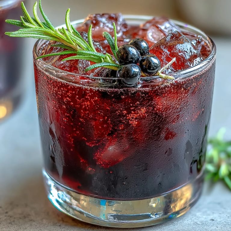 Herb-zitrischer Black Currant Rosemary Cocktail mit schillernden Johannisbeernoten und cremigem Bourbon, serviert auf einem rustikalen Holztisch.