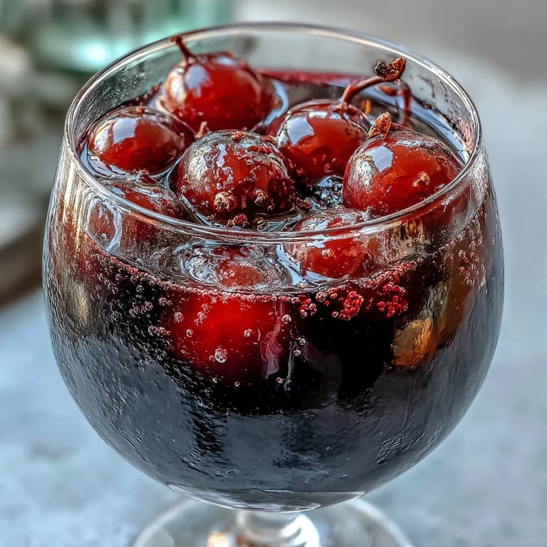 Ein Krug mit Easy Blackcurrant Liqueur auf Eis, garniert mit schwarzen Johannisbeeren und Minze.  