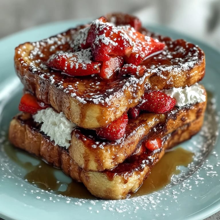 Süßer Erdbeer-Brioche-Auflauf mit Puderzucker bestäubt und mit Ahornsirup serviert