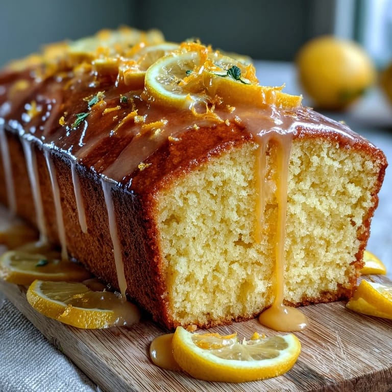 Feuchter Limoncello-Pfundkuchen mit Zitronenglasur, dekoriert mit frischer Zitronenschale und serviert auf einer weißen Platte.