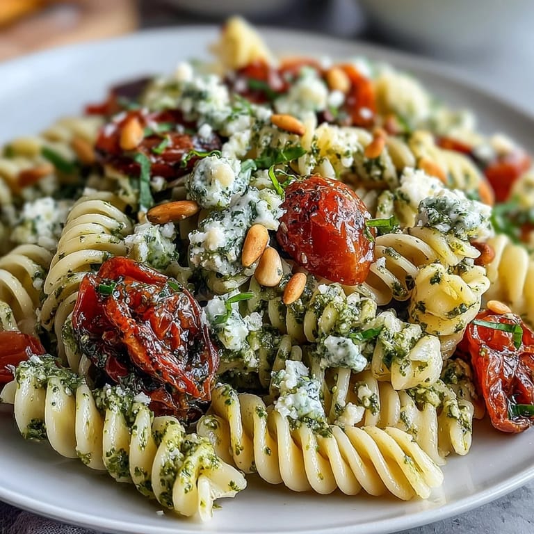 Helle, farbenfrohe Pasta-Salat-Schüssel mit Pesto, halbierten Cherrytomaten und einem Hauch Zitronenschale.