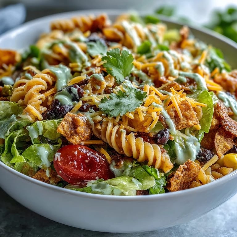 Bunter Taco-Pasta-Salat mit Doritos-Chips, Avocado-Ranch-Sauce und frischem Gemüse.