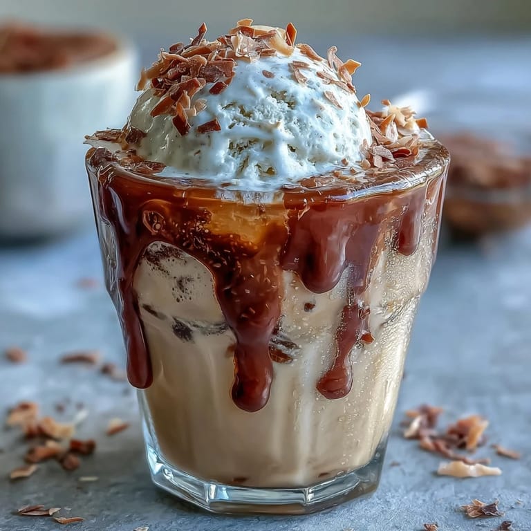 Kokos-Kaltbrühe-Float mit Vanille-Bohnen-Eiscreme: Ein einfacher, veganer Genuss mit kaltem Kaffee und cremigem Eis.