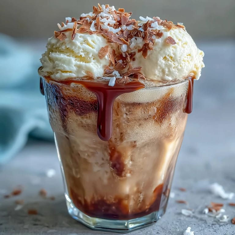 Vanille-Eiscreme in einem Glas mit Kokos-Kaltbrühe: Ein erfrischender, süßer Sommerdrink mit Kaffee und Kokosmilch.  