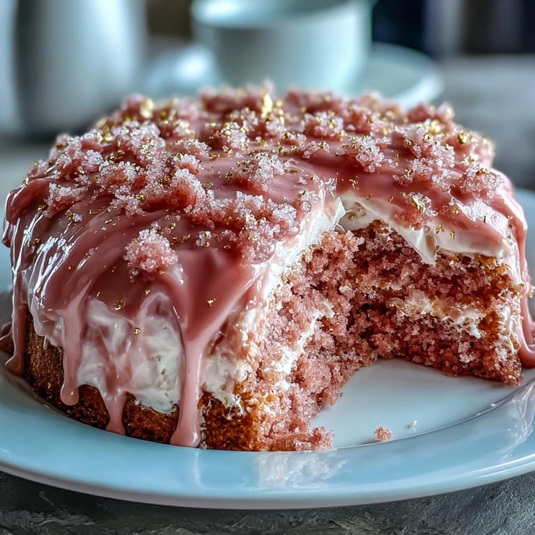 1. Eleganter roséfarbener Samtkuchen mit goldener Glasur, perfekt für Hochzeitsfeiern und festliche Anlässe.  