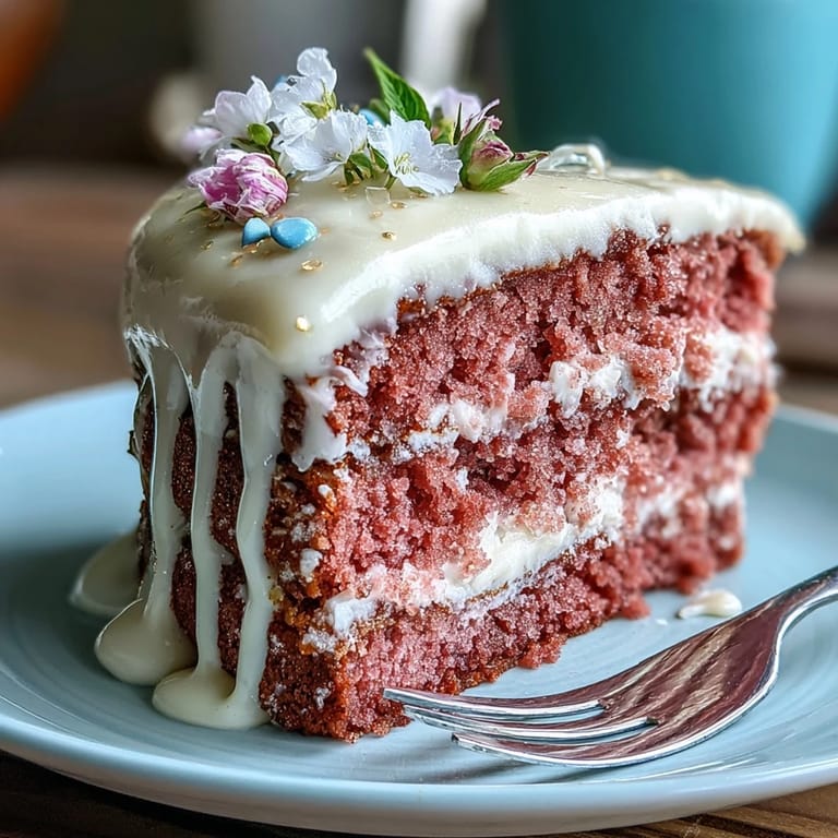 Rosé-velvet-Kuchen mit goldener Glasur: Eleganter, rosé-infundierter Samtkuchen mit cremigem Frosting und funkelnder Goldtropfen-Verzierung.