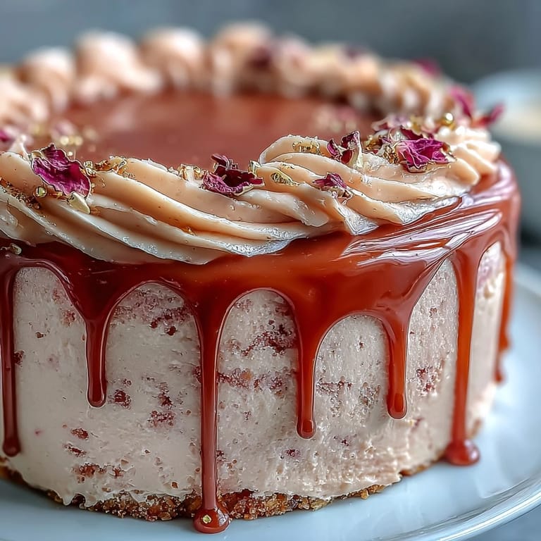 Elegante Rosé-Velvet-Kuchen-Schichten mit roséinfundiertem Frosting und kunstvollem Goldtropfen-Glanz für Hochzeitsfeiern.
