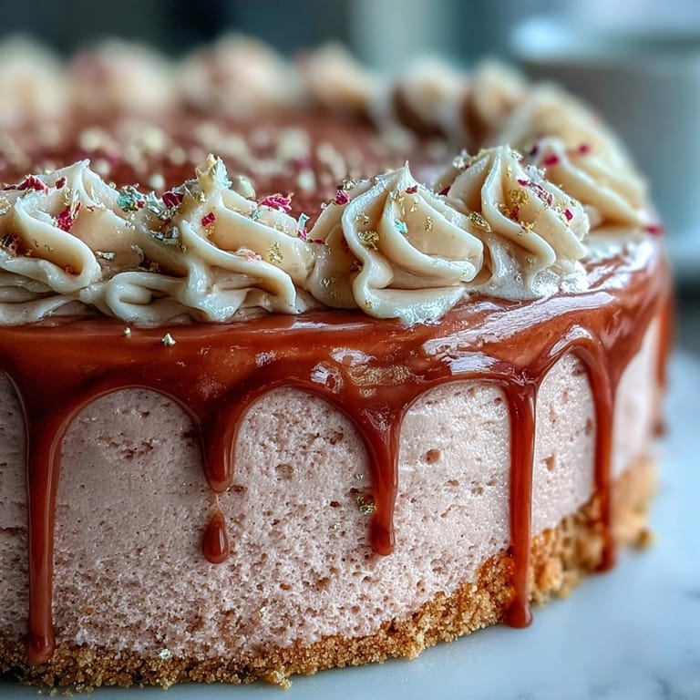 Rosé-Velvet-Kuchen mit zarter Blush-Färbung, cremigem Frosting und goldener Tropfendekoration für festliche Anlässe.  
