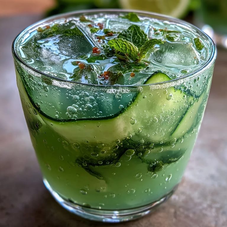 Erfrischende Gurken-Minz-Limonade: Sprudelndes, kühles Getränk in einem Glas mit Eiswürfeln und Deko.