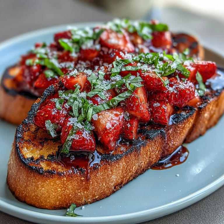 Leckeres Erdbeer-Balsamico-Bruschetta mit knusprigem Brot, perfekt als Vorspeise.