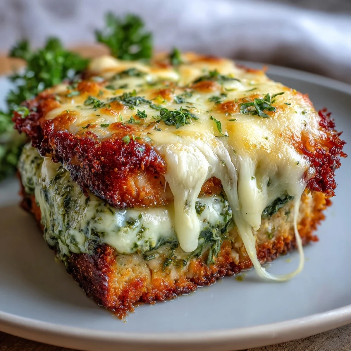 Golden-brown breaded chicken breasts topped with marinara sauce, Pesto Chicken Parmesan, and melted mozzarella.