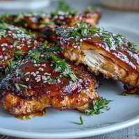 Zarter gebackener Hähnchenschenkel mit goldener Honig-Knoblauch-Glasur, serviert mit frischer Petersilie und Sesam.  