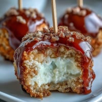 Kleine Candy-Apple-Bissen auf Zahnstocher-Spießen mit glänzender roter Zuckerglasur.