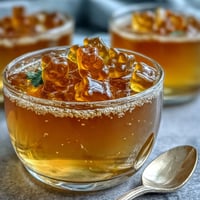 1. Gummibärchen-Limonaden-Gelatine-Tassen mit bunten Gummibärchen und frischen Minzblättern in klaren Gläsern.  