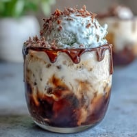 Kokos-Kaltbrühe-Schwimmer mit Vanille-Eiscreme: Eine cremige, tropische Mischung aus kaltem Kaffee und Vanilleeis in einem Glas.  