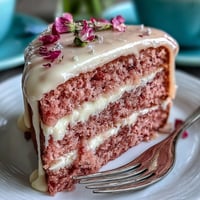 Rosé-velvet-Kuchen mit goldener Glasur: Zarter, rosa-farbener Kuchen mit Rosé-Aroma, cremiger Frosting und eleganter Goldtropfen-Dekoration.  