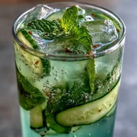 Strahlende Gurken-Minz-Limonade: Erfrischendes, eisgekühltes Sommergetränk serviert in einem Glas.