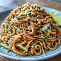 Erfrischende kalte Erdnuss-Sesam-Nudeln mit knackiger Gurke.